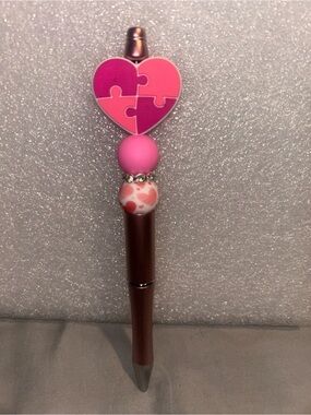 Hand Crafted Pink Puzzle Heart Beaded Pen